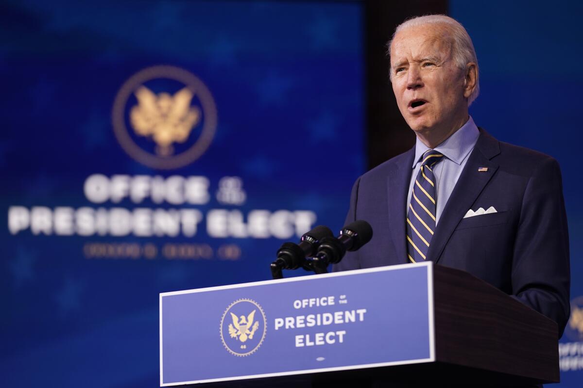 President-elect Joe Biden speaks Monday at the Queen theater in Wilmington, Del.