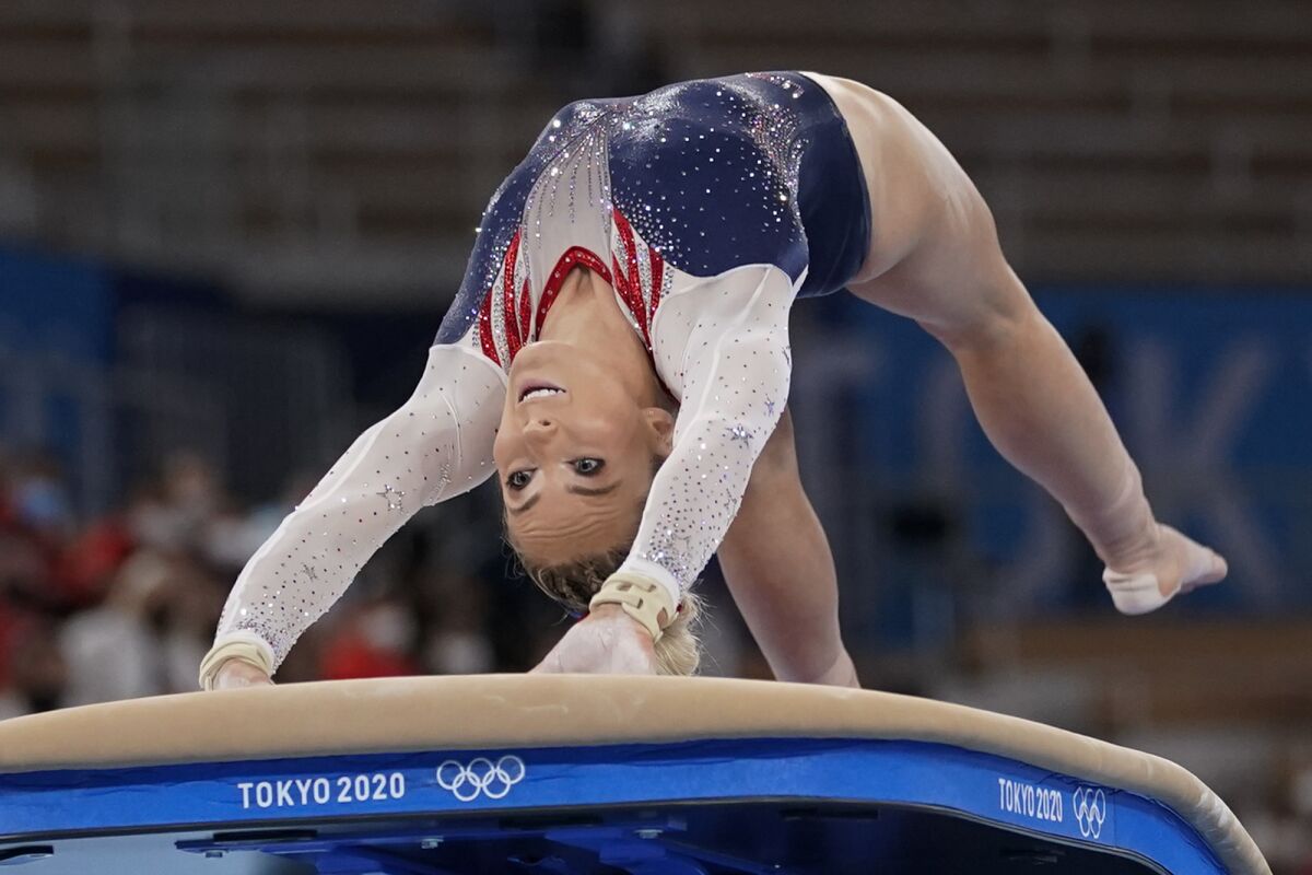 Mykayla Skinner of the United States, performs on the vault during the artistic gymnastics women's apparatus final at the 2020 Summer Olympics, Sunday, Aug. 1, 2021, in Tokyo, Japan. (AP Photo/Ashley Landis)