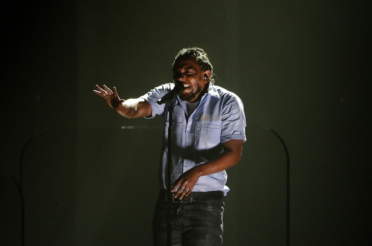 Kendrick Lamar performs at the Grammy Awards ceremony at Staples Center on Feb. 15.