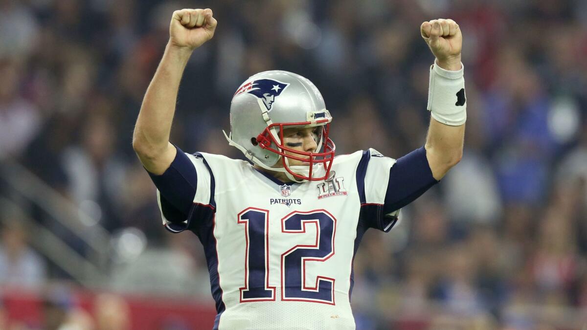 New England quarterback Tom Brady celebrates a touchdown against Atlanta during Super Bowl LI on Feb. 5.