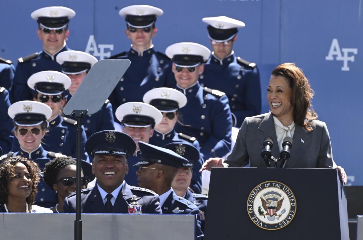 Vice President Kamala Harris speaks during the 2024 Air Force Academy graduation in Colorado Springs, Colo.