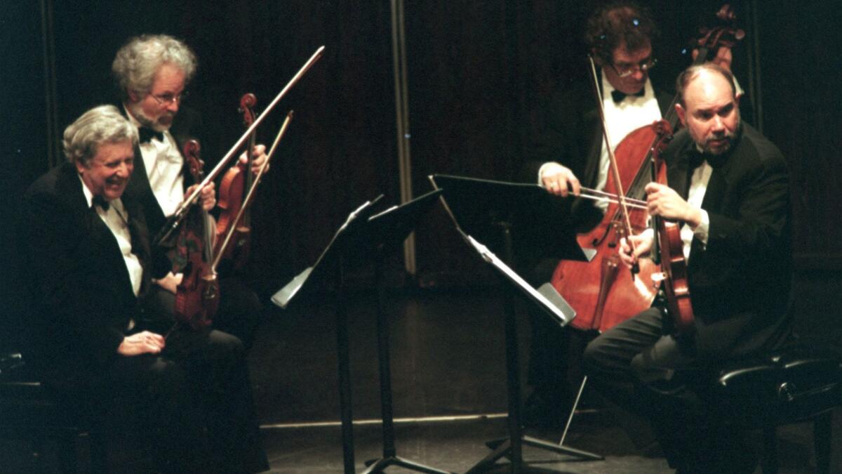 Robert Mann, left front, at his last L.A. performance with the Juilliard String Quartet in 1997.