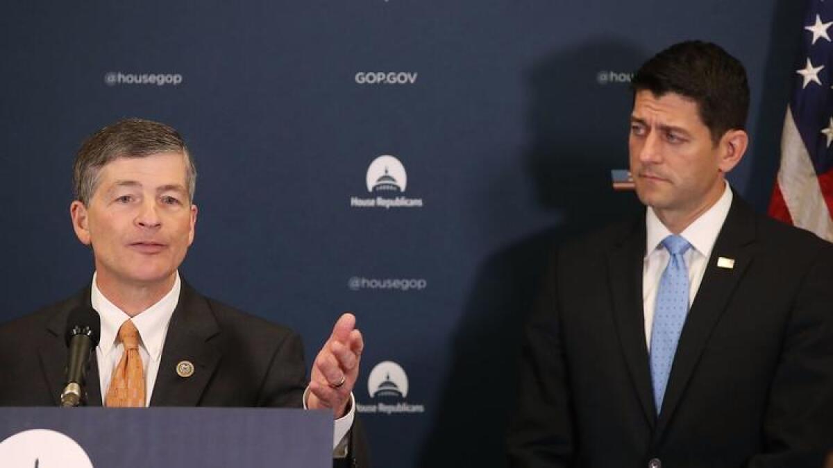 Rep. Jeb Hensarling (R-Texas), left, chairman of the House Financial Services Committee, and House Speaker Paul D. Ryan (R-Wis.).