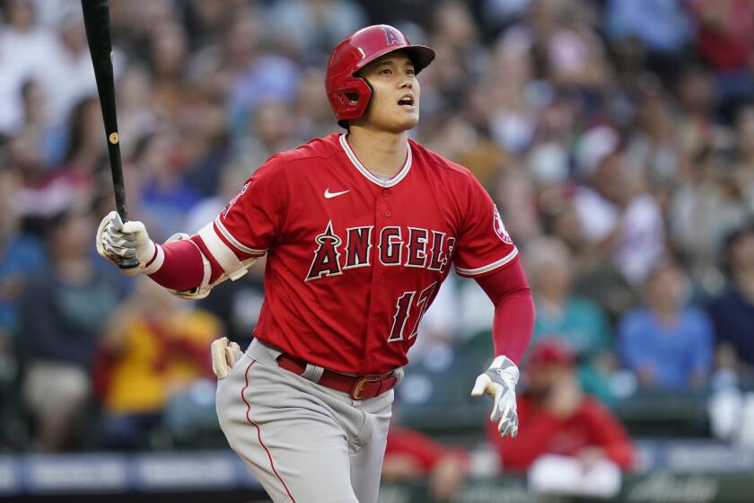 Los Angeles Angels' Shohei Ohtani in action against the Seattle Mariners in a baseball.
