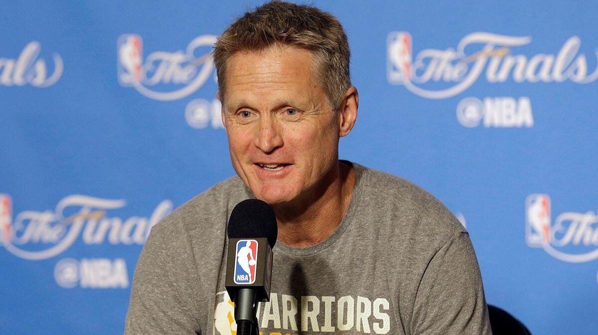Golden State coach Steve Kerr speaks at a news conference before Game 2 of the NBA Finals between the Warriors and the Cleveland Cavaliers in Oakland.