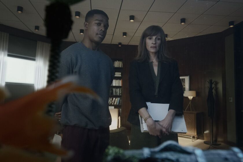 (L-R) - Stephan James and Julia Roberts in a scene from Homecoming. Credit: Jessica Brooks/Amazon Prime Video