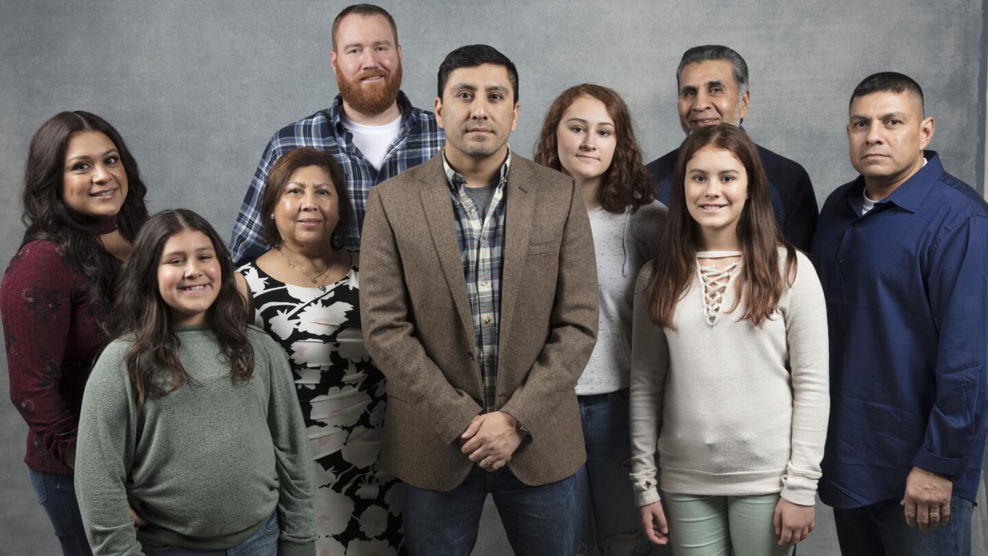 Cindy Shank, Annalis Shank, Armida Mireles, Adam Shank, director Rudy Valdez, Autumn Shank, Teofilo Valdez, Ava Shank and Valentin Valdez from the film, "The Stranger," photographed in the L.A. Times Studio during the Sundance Film Festival in Park City, Utah, Jan. 20, 2018.