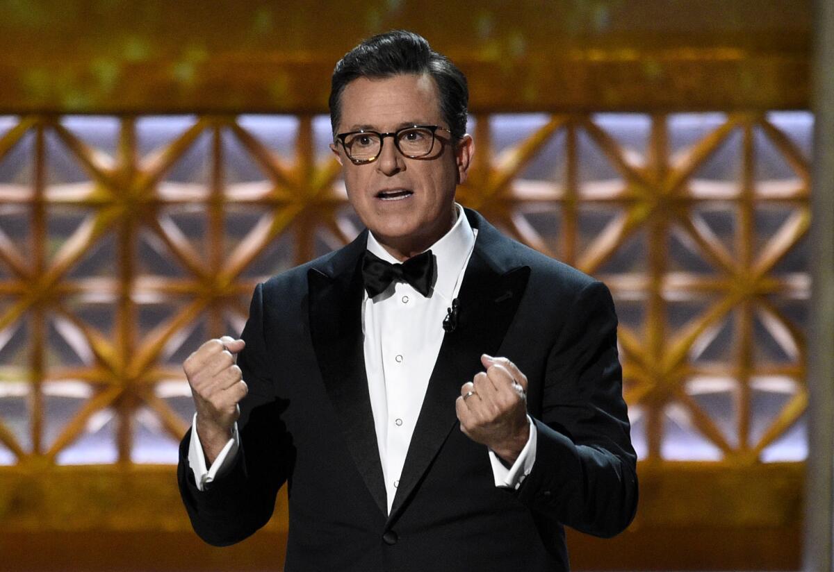 Host Stephen Colbert speaks at the 69th Primetime Emmy Awards at the Microsoft Theater in Los Angeles on Sunday.