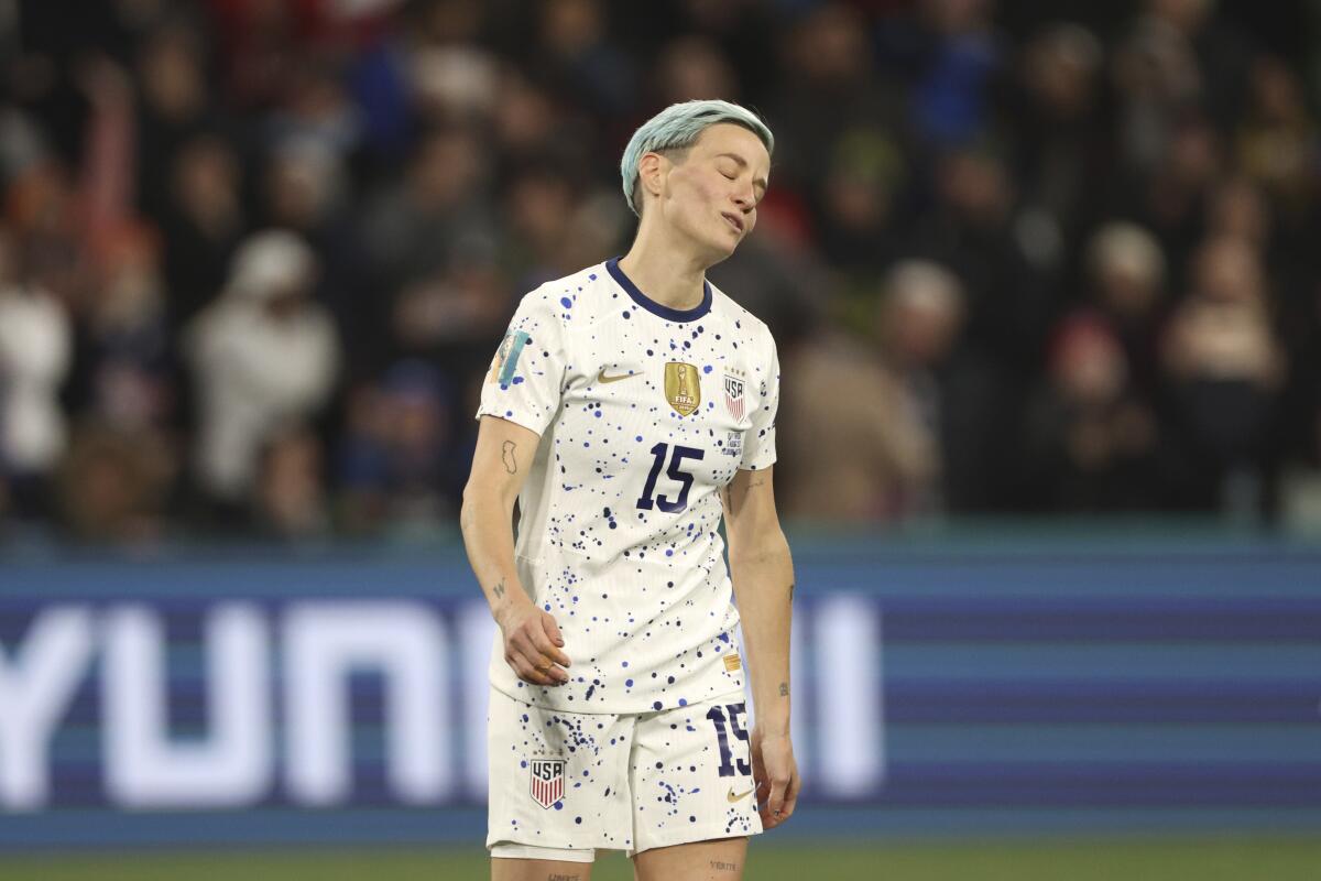 Megan Rapinoe reacts after missing a penalty kick during the United States' loss to Sweden.