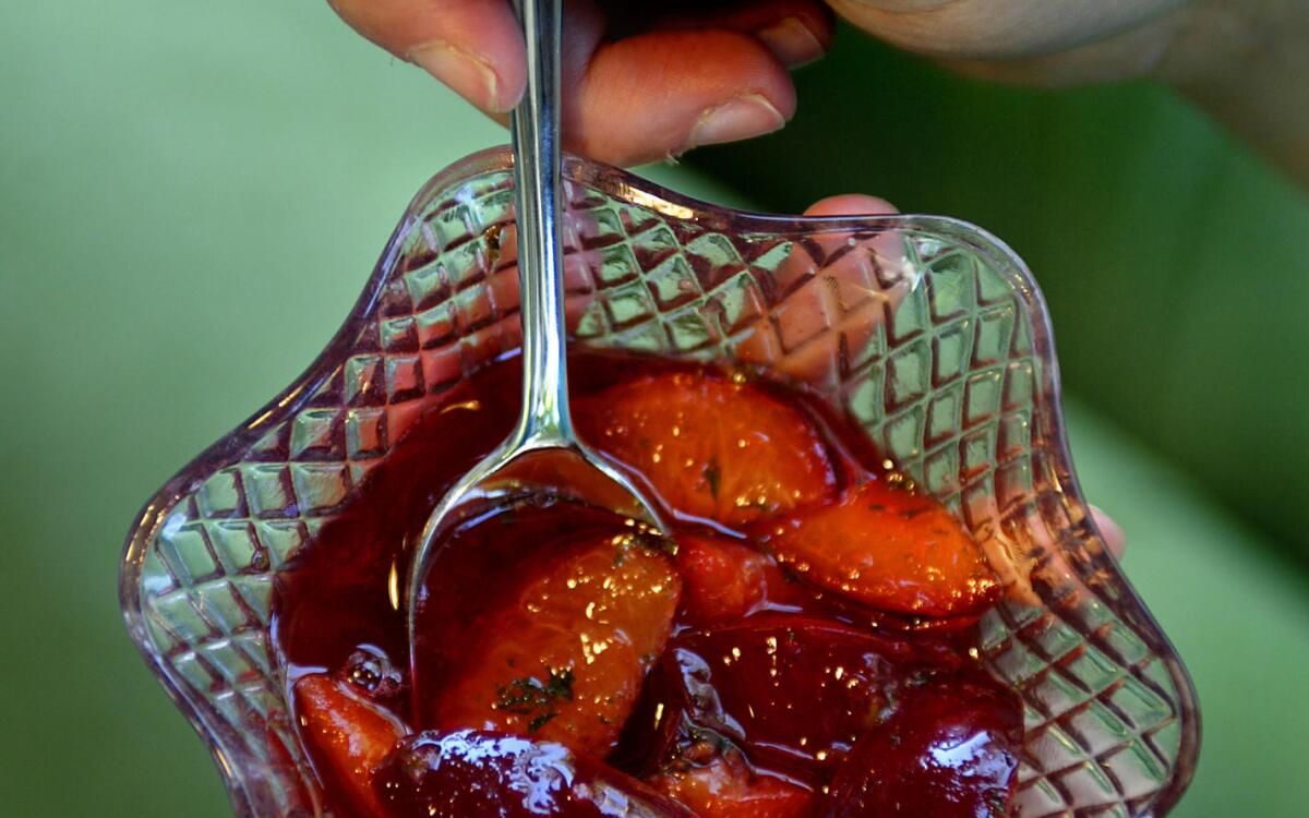 Grilled Santa Rosa plums with mint sugar