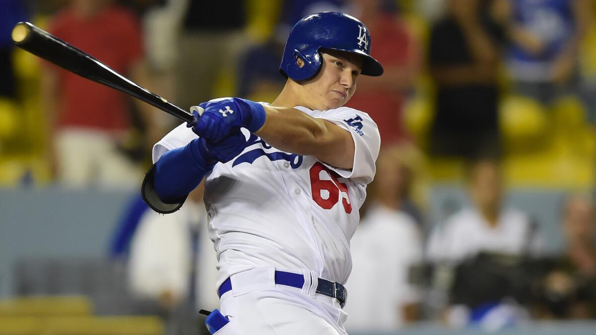 Joc Pederson takes a swing against the Washington Nationals during a game at Dodger Stadium on Sept. 1, 2014.