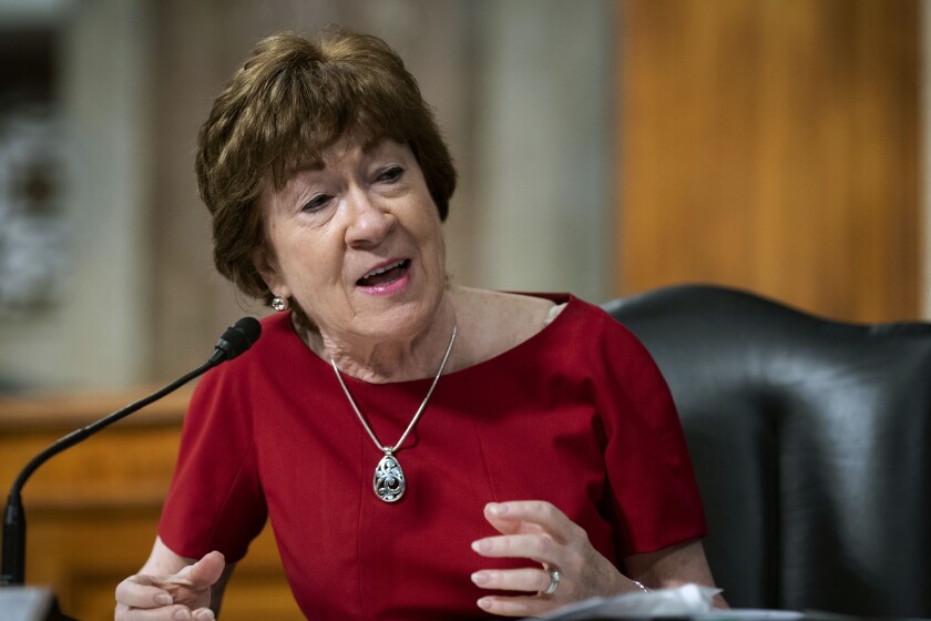 Sen. Susan Collins (R-Maine) is shown speaking at a Senate committee hearing in June