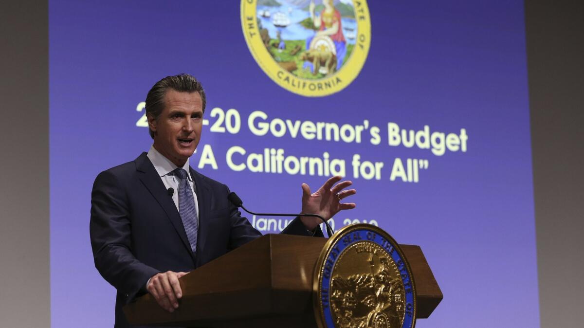 California Gov. Gavin Newsom presents his first state budget during a news conference on Jan. 10 in Sacramento.