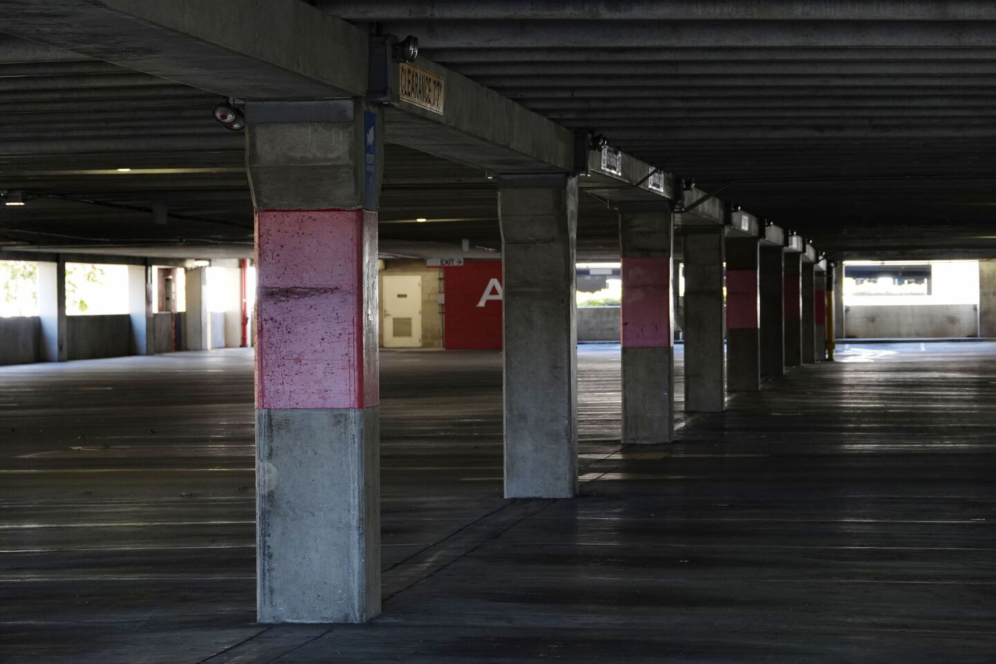 The parking structure at Fashion Valley sits empty since the mall closed due to the coronavirus on March 24, 2020.