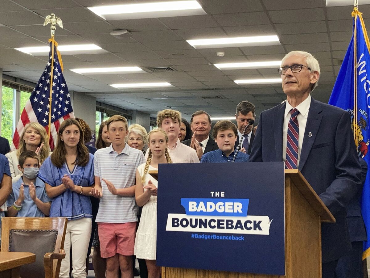 FILE - Wisconsin Gov. Tony Evers speaks at Cumberland Elementary School, July 8, 2021, in Whitefish Bay, Wis. Gov. Evers on Wednesday, June 8, 2022 called a special session for the Republican-controlled Legislature to repeal the state’s 173-year-old law banning abortion, a move that’s more likely to win him political points with his Democratic base in a reelection year than it is to result in action by lawmakers. (AP Photo/Scott Bauer, File)