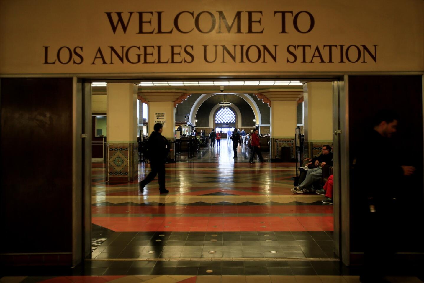A welcome sign greets passengers arriving to Union Station.