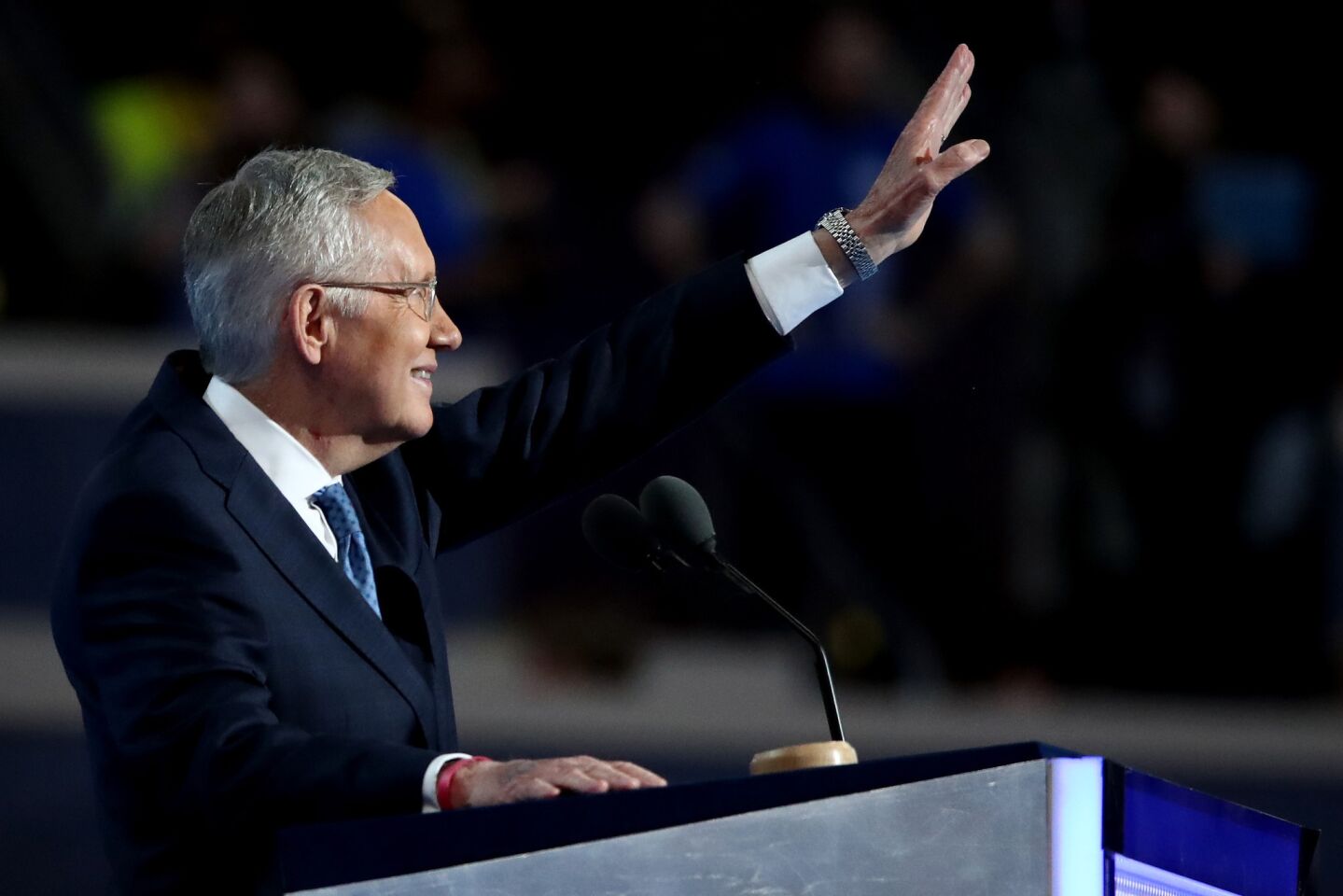 Sen. Harry Reid waves to the crowd before delivering remarks on the third day of the Democratic National Convention in Philadelphia.