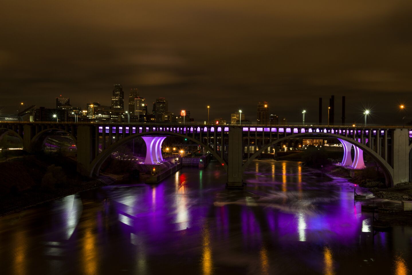 The 35W bridge lit in purple to commemorate the life of Prince on in Minneapolis, MN.