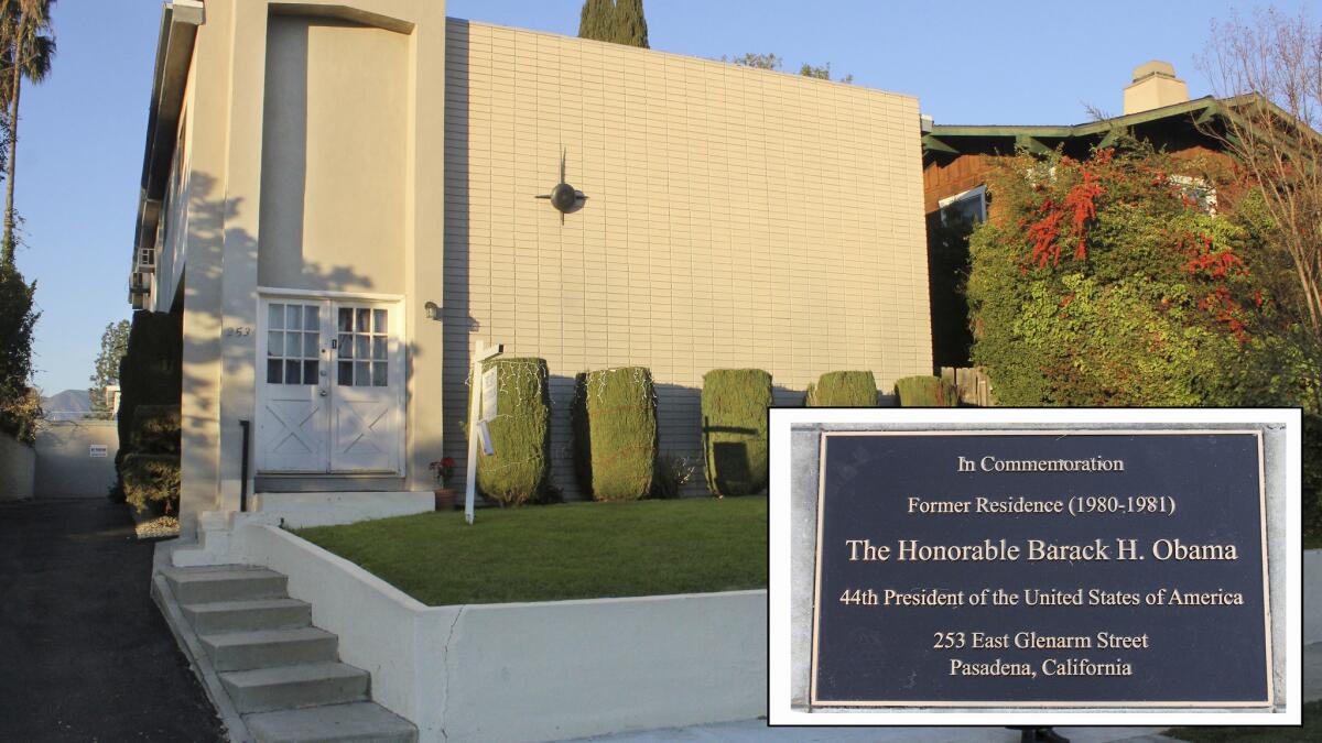 A photo illustration shows the Pasadena apartment building where Barack Obama lived and a commemorative plaque. (John Antczak / Associated Press)