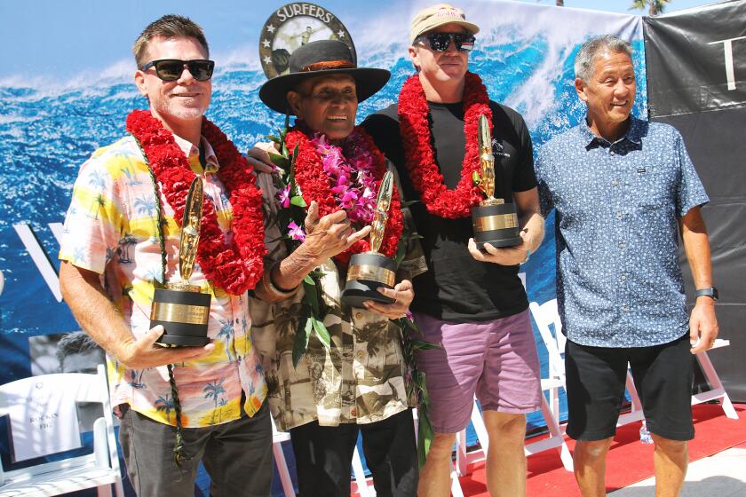 2024 Surfers Hall of Fame inductees Jeff Deffenbaugh, Ilima Kalama, Jamie O'Brien and Hall of Fame founder Aaron Pai