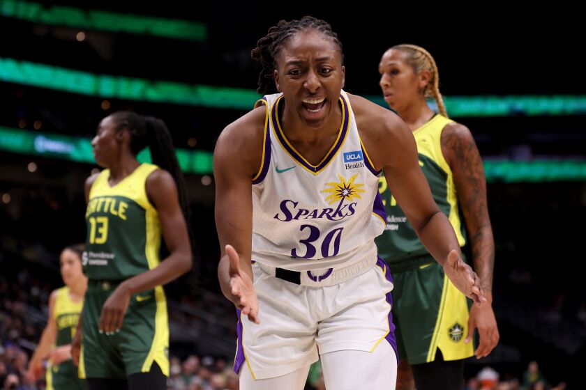 SEATTLE, WASHINGTON - JUNE 06: Nneka Ogwumike #30 of the Los Angeles Sparks reacts after a foul against the Seattle Storm during the second quarter at Climate Pledge Arena on June 06, 2023 in Seattle, Washington. (Photo by Steph Chambers/Getty Images)