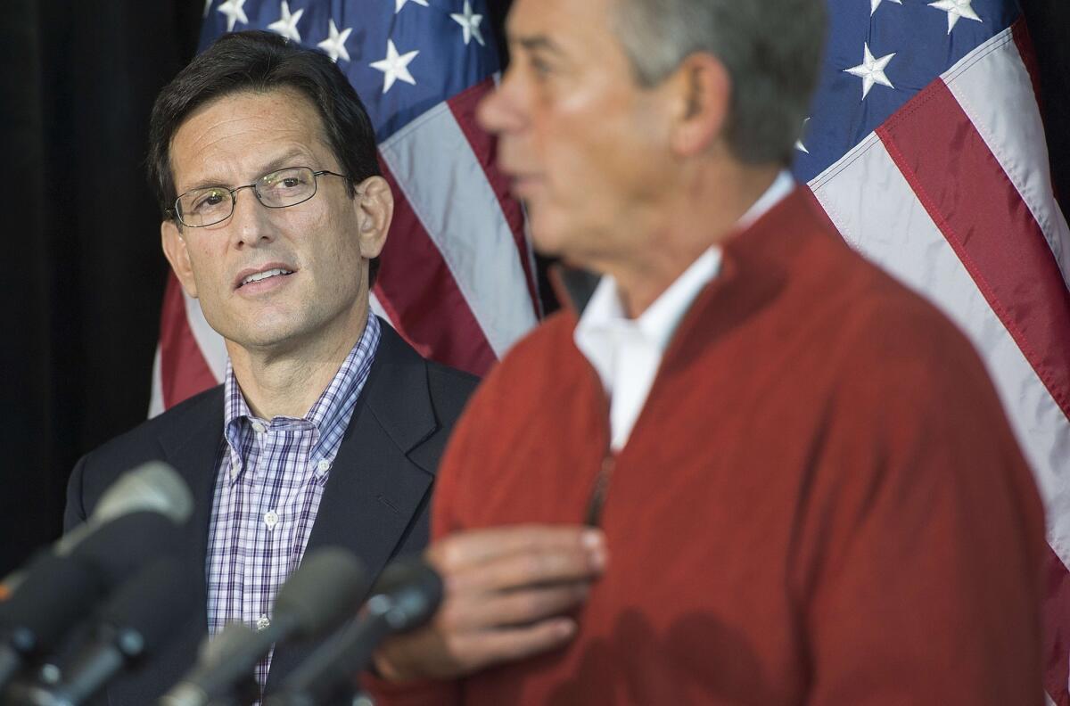 House Majority Leader Eric Cantor (R-Va.), left, and House Speaker John Boehner (R-Ohio) at the House Republican Leadership press conference in Cambridge, Md.