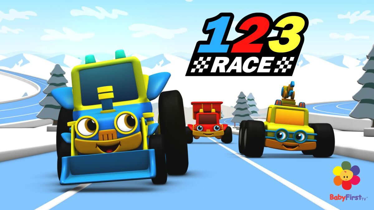 Animated Vehicles race along a blue track.
