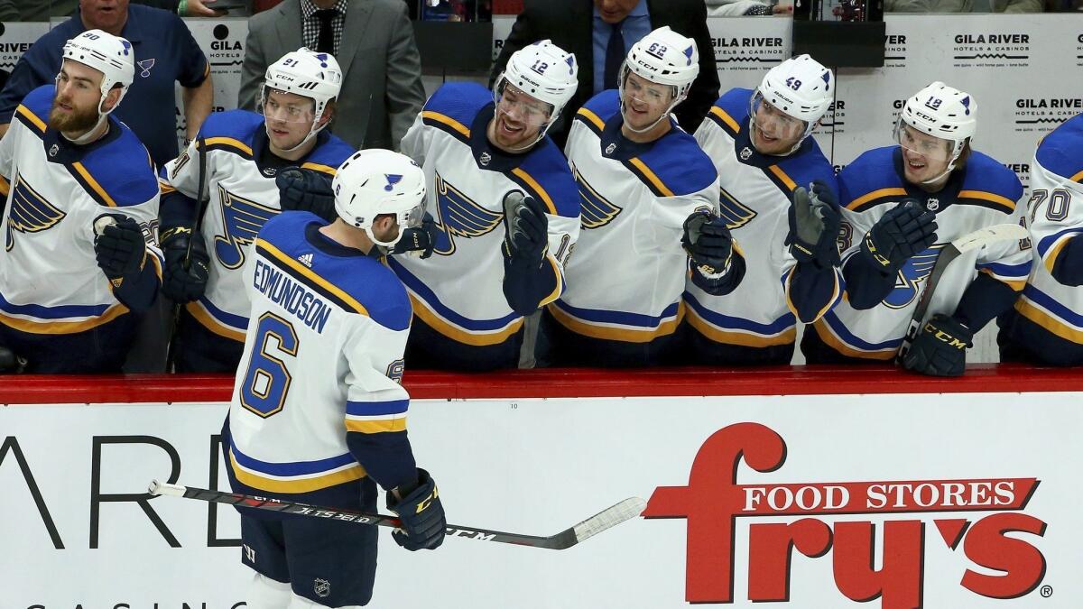 St. Louis Blues defenseman Joel Edmundson celebrates after scoring against the Arizona Coyotes on Thursday.