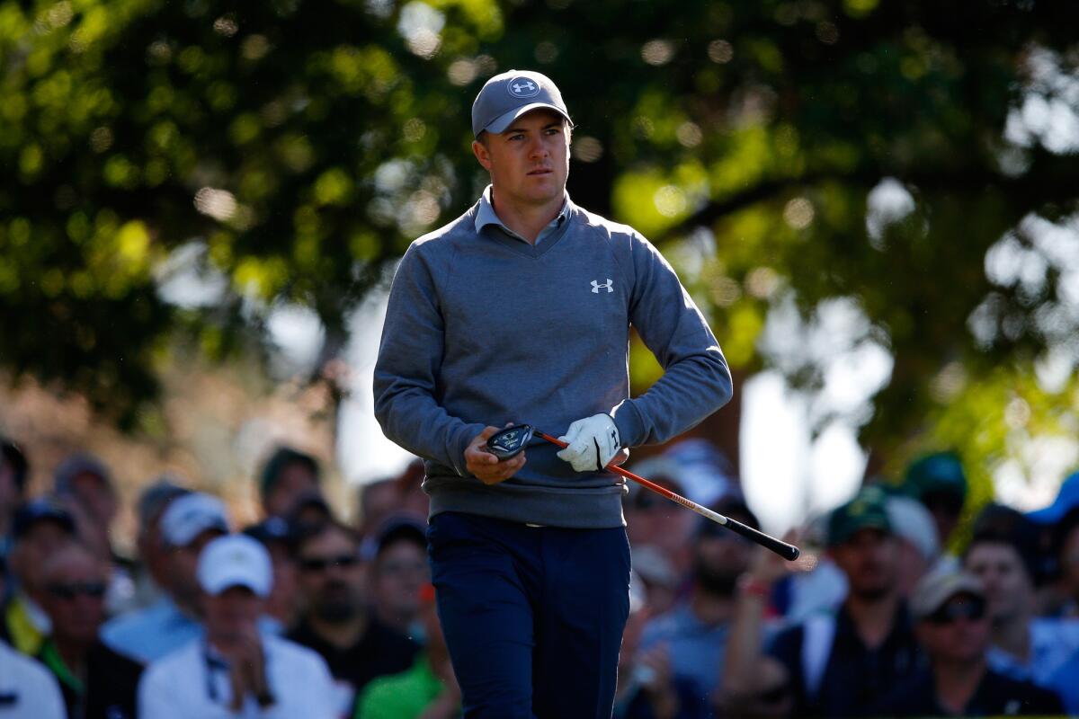 Jordan Spieth watches his shot during a practice round on April 5 prior to the start of the 2016 Masters Tournament at Augusta National Golf Club.