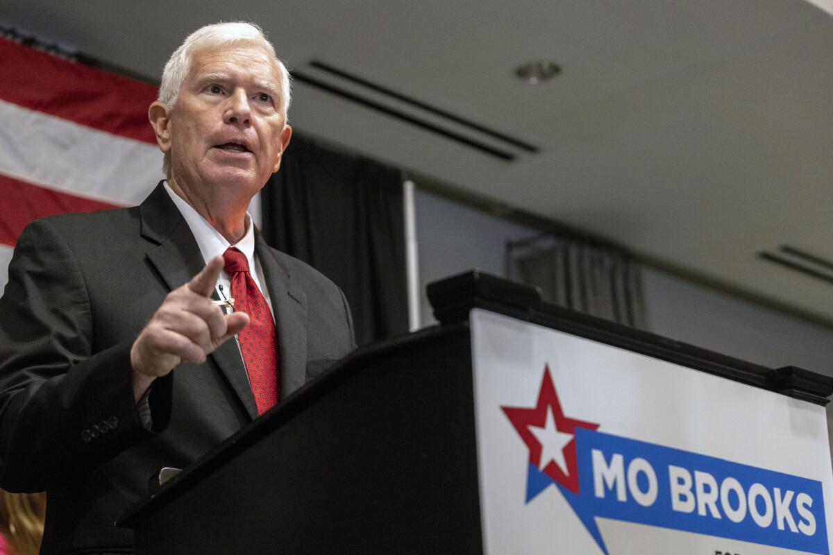 FILE - Mo Brooks speaks to supporters at his watch party for the Republican nomination for U.S. Senator of Alabama at the Huntsville Botanical Gardens, Tuesday, May 24, 2022, in Huntsville, Ala. Brooks is asking former President Donald Trump to back him once again in Alabama's Senate race, a request that comes two months after a feud caused Trump to revoke his endorsement of the congressman. (AP Photo/Vasha Hunt, File)