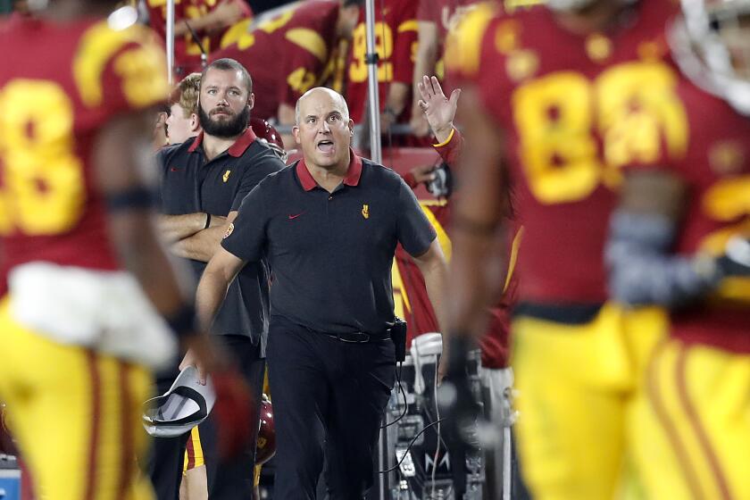 LOS ANGELES, CALIF. - OCT. 19, 2019. USC head coach Clay Helton reacts after yet another personal fopul call against the Trojans in the second quarter at the Coliseum on Saturday night, Nov,. 2, 2019. (Luis Sinco/Los Angeles Times)
