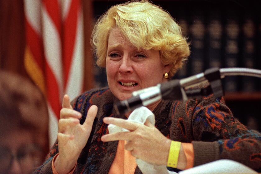 Defendant Betty Broderick cries while testifying in her own defense during her during her trial for the murder of Dan & Linda Broderick, her ex-husband and his new wife. November 5, 1991 (UT file photo by Michael Darden)