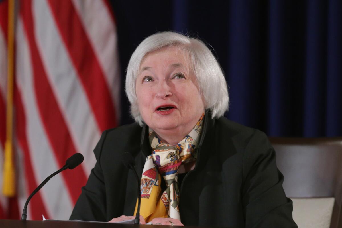 Federal Reserve Chair Janet L. Yellen at her news conference March 18, at which she cited "brazen violations of the law" by major banks.