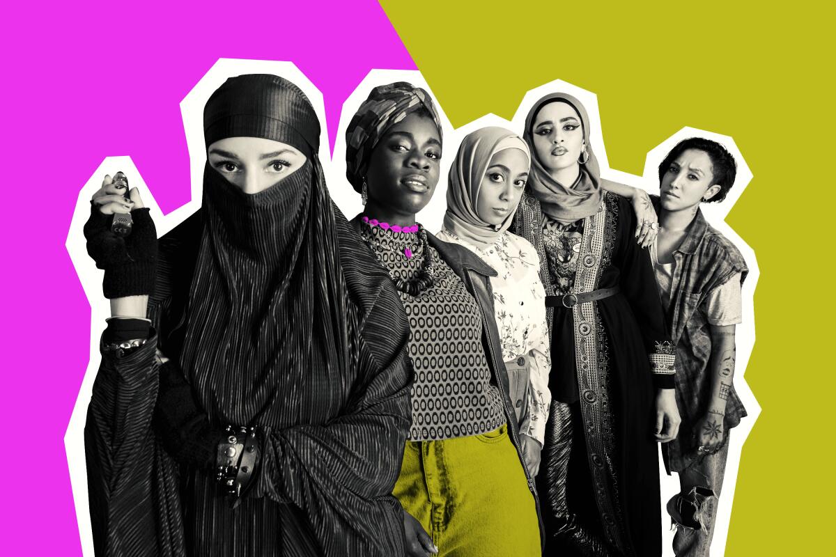 A photo illustration of the all-girls Muslim punk band in "We Are Lady Parts"