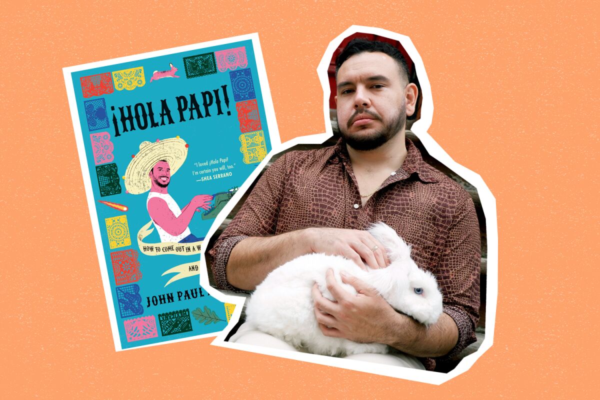 A man with a white rabbit on his lap in a cutout photo next to the cover of his book, "Hola Papi"