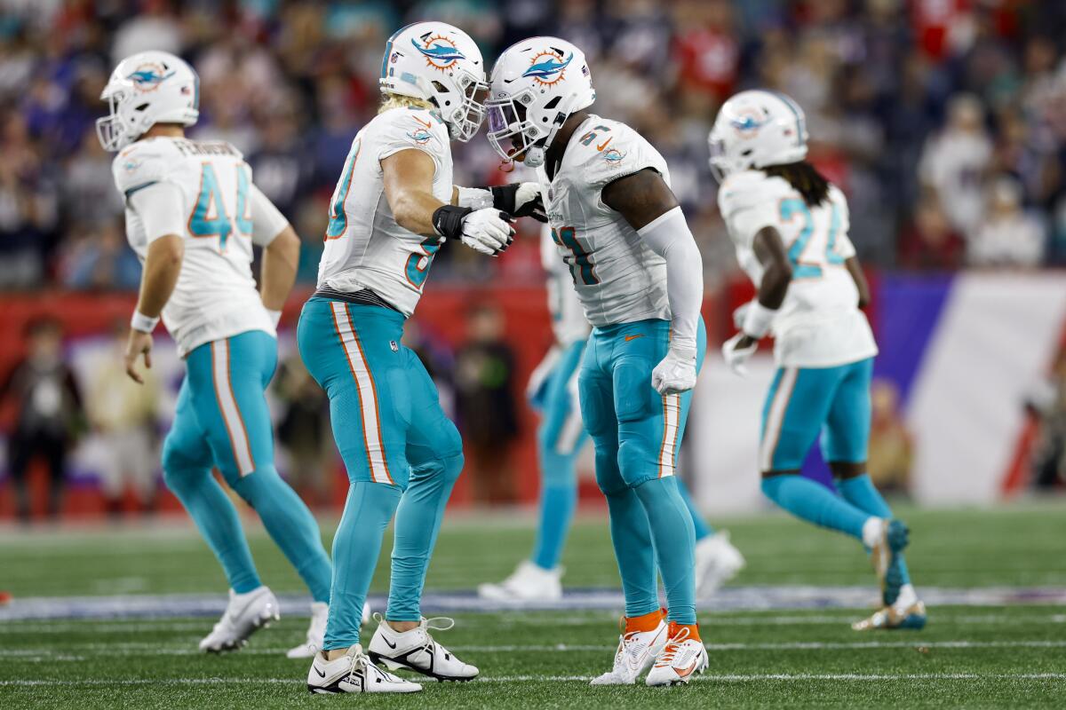 Miami Dolphins linebacker David Long Jr. celebrates with defensive end Chase Winovich after a tackle.