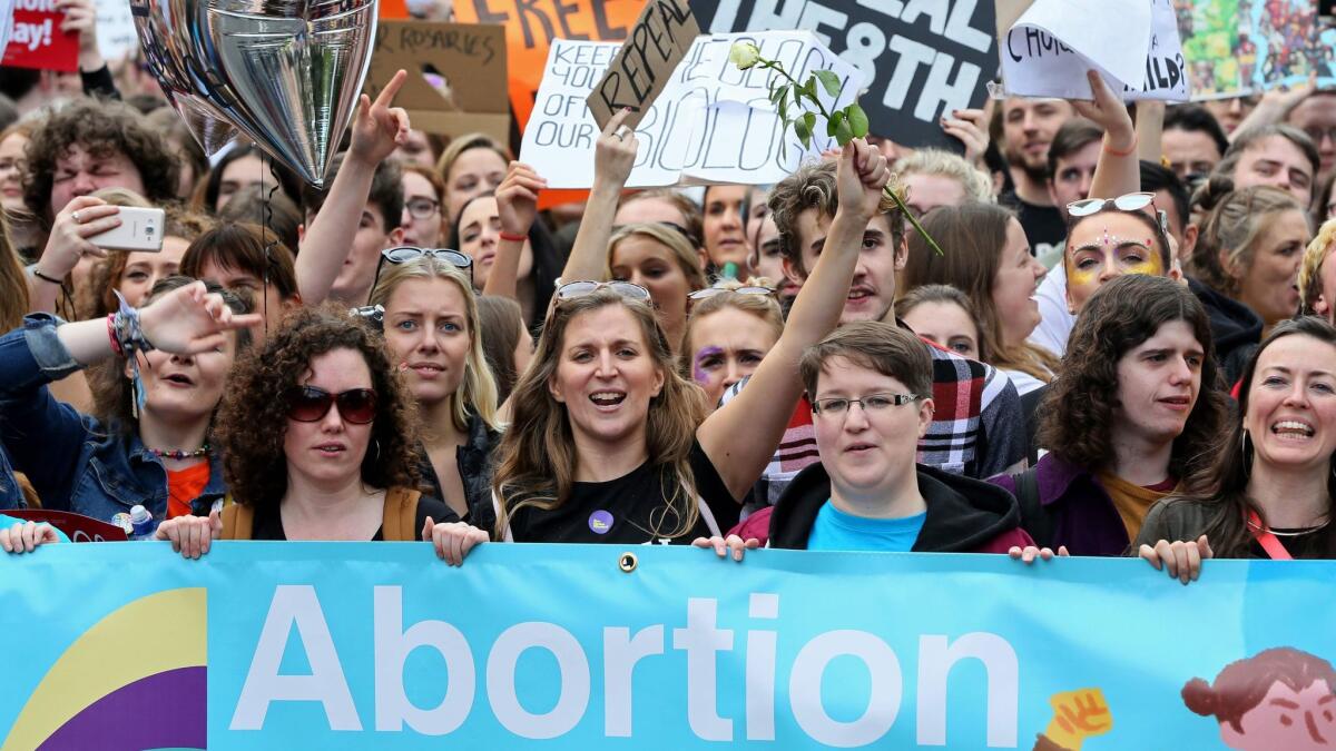 Protesters in Dublin take part in the March for Choice, which calls for legalizing abortion in Ireland, on Sept. 30, 2017.