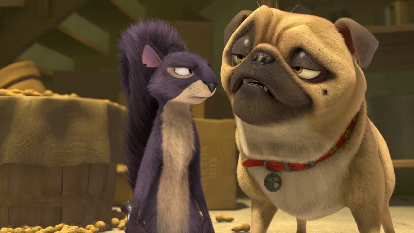 Surly (voiced by Will Arnett) and Precious the Pug (voiced by Maya Rudolph) in the movie "The Nut Job."