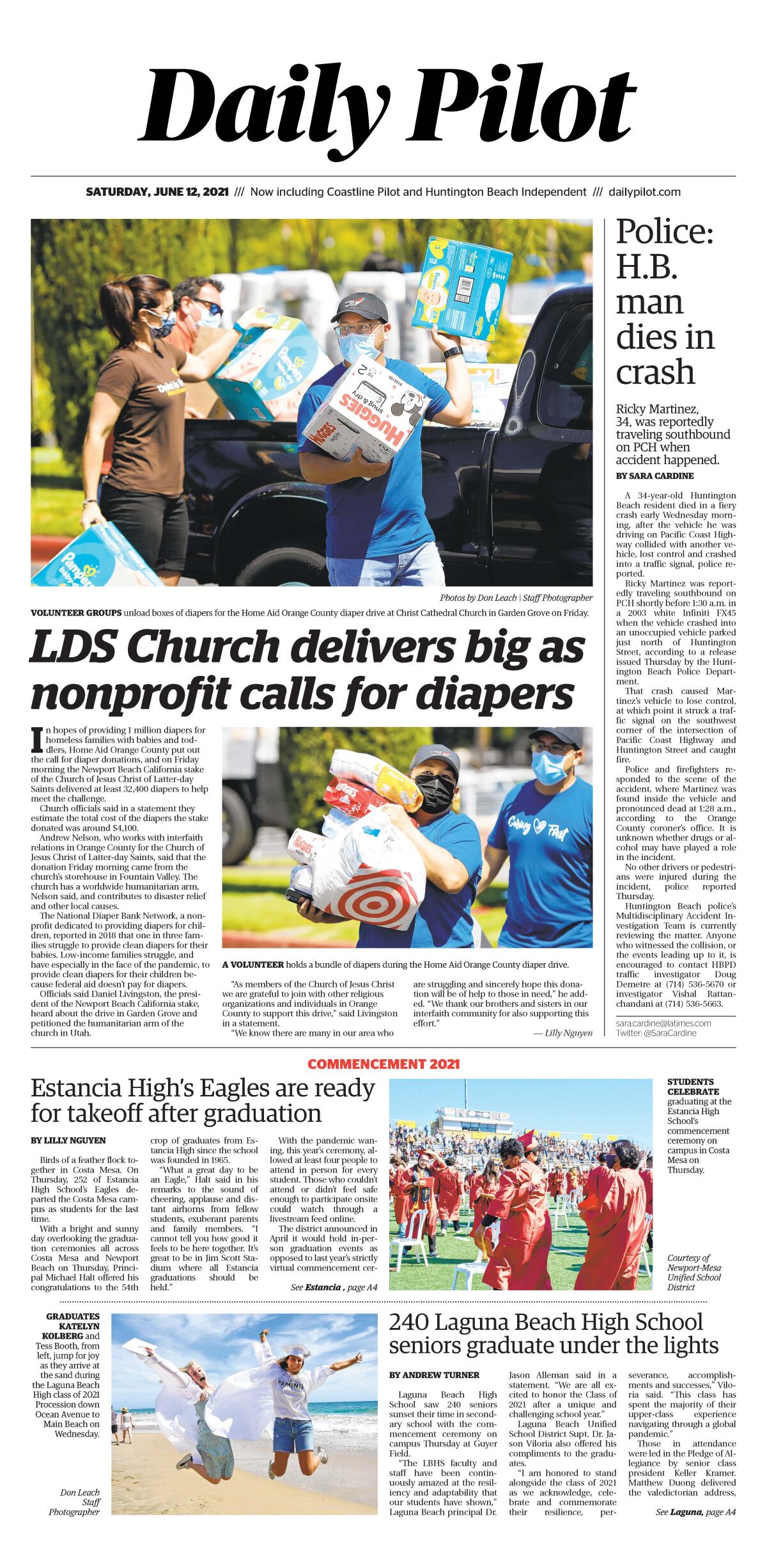 Front page of Daily Pilot e-newspaper for Saturday. June 13, 2021.