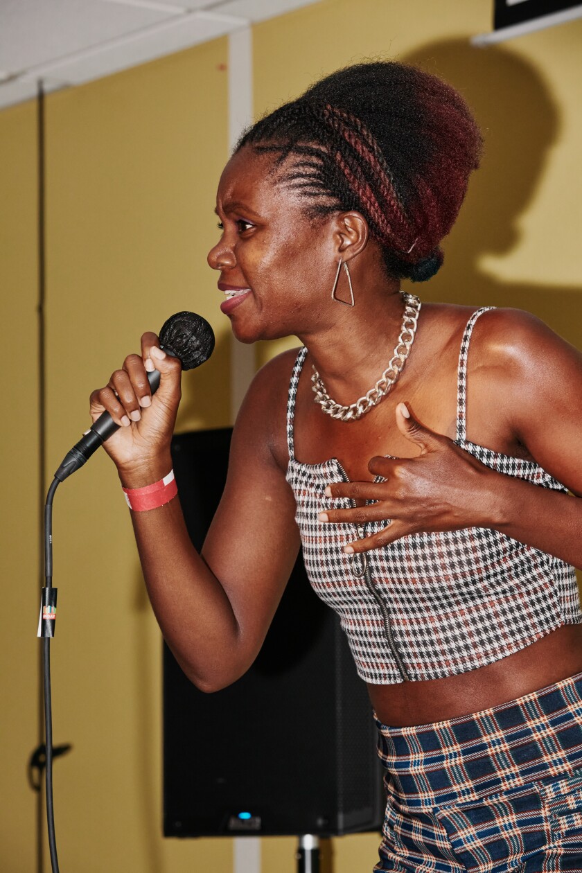 Chrissybaby performs a rap track at the Sunday Jump event inside the Pilipino Workers Center.