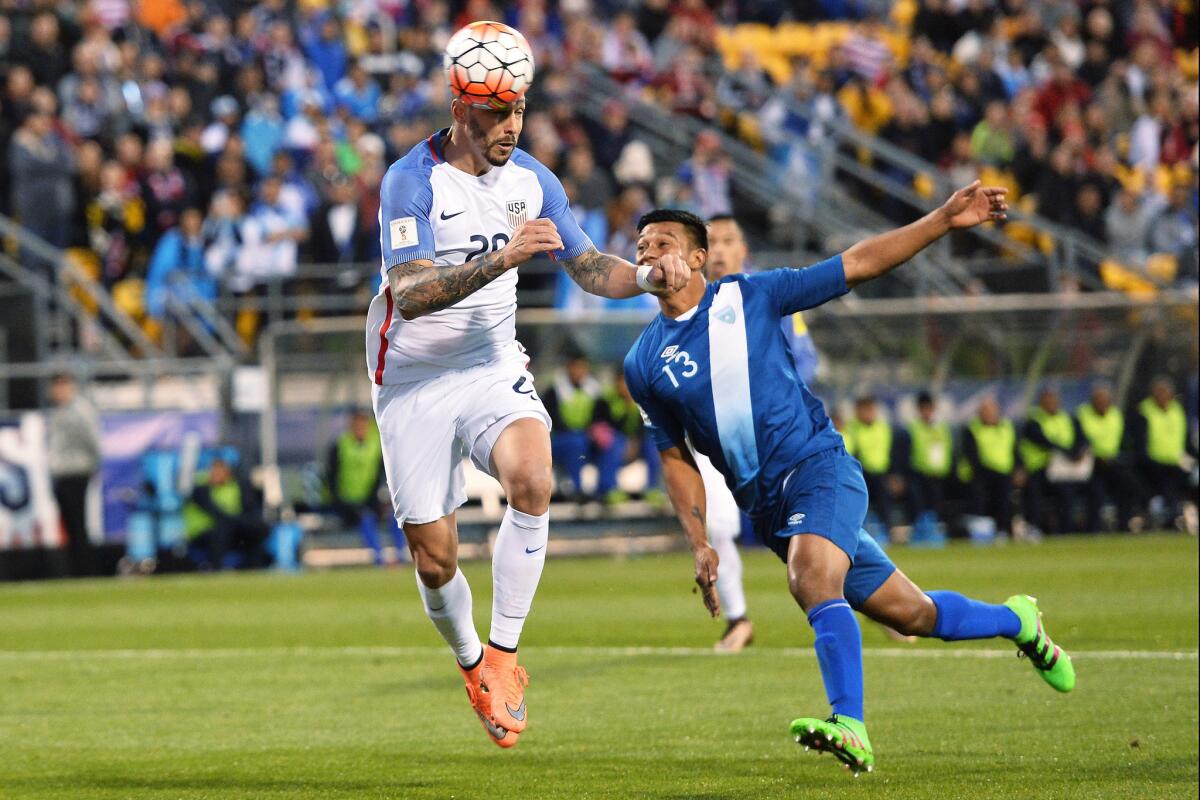 United States defender Geoff Cameron heads the ball off a free kick for a goal in front Guatemalan midfielder Carlos Castrillo during a World Cup qualifying match on March 29.