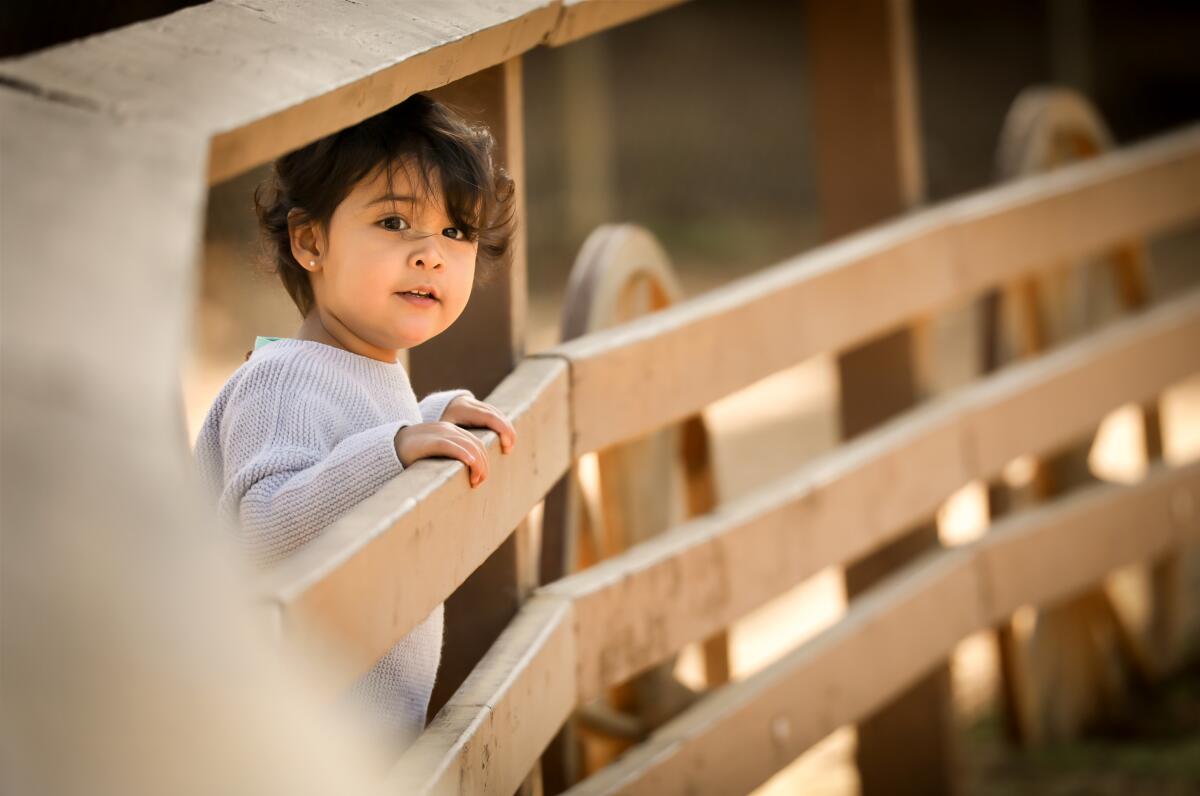 A child peers through a railing.