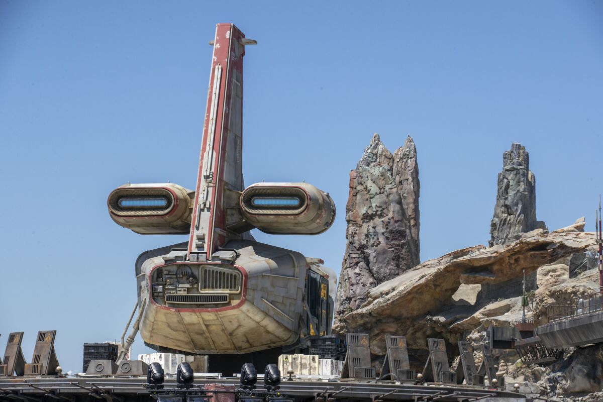 A view of a transport vehicle on top of Docking Bay 7 inside "Star Wars: Galaxy's Edge."