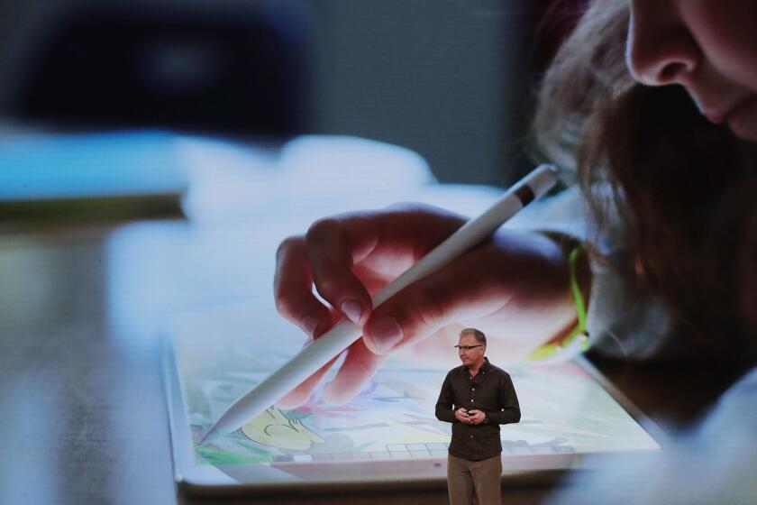 CHICAGO, IL - MARCH 27: Greg Joswiak, vice president of product marketing at Apple, talks about the new iPad during an event at Lane Tech College Prep High School on March 27, 2018 in Chicago, Illinois. The device will work with Apple Pencil and is available today. (Photo by Scott Olson/Getty Images) ** OUTS - ELSENT, FPG, CM - OUTS * NM, PH, VA if sourced by CT, LA or MoD **