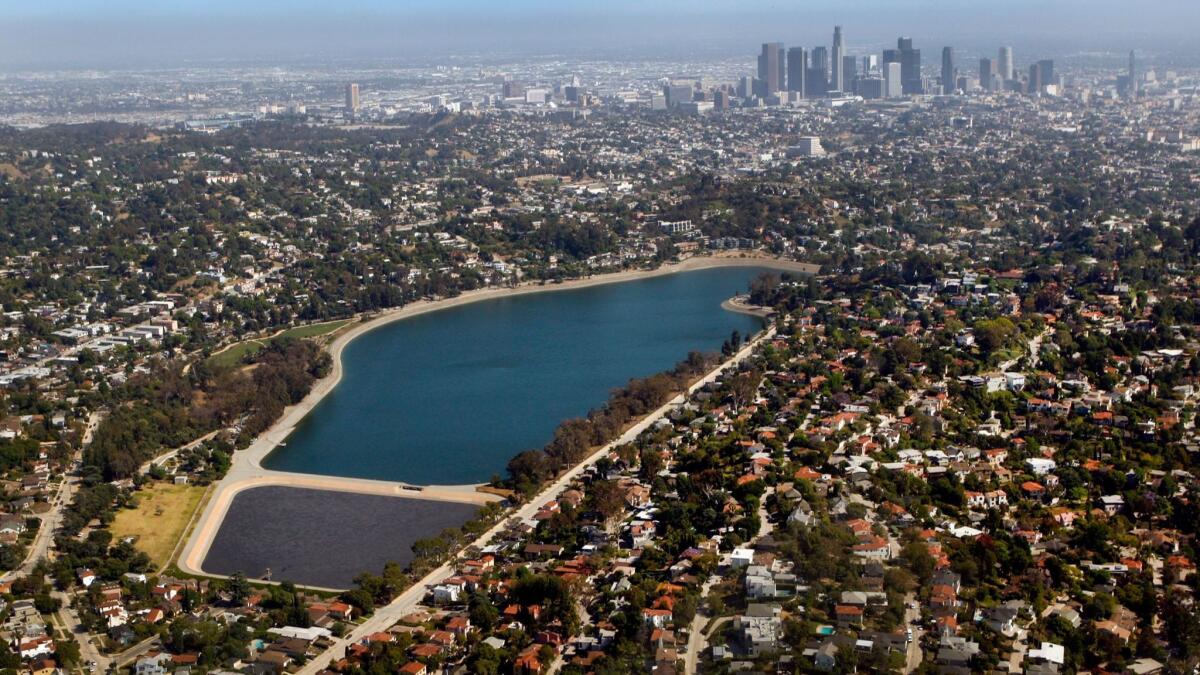 An aerial view of Silver Lake Reservoir with the smaller Ivanhoe Reservoir in the foreground.