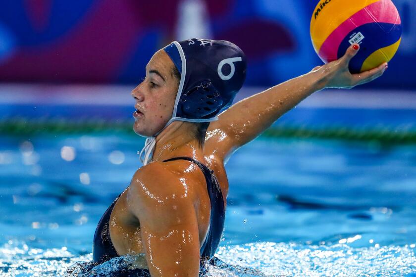 LIMA, PERU - AUGUST 06: Margaret Steffens of United States takes a shot during Women's Waterpolo Preliminary match between United States and Venezuela at Aquatic Center of Complejo Deportivo Villa Maria del Triunfo on Day 11 of Lima 2019 Pan American Games on August 06, 2019 in Lima, Peru. (Photo by Buda Mendes/Getty Images)
