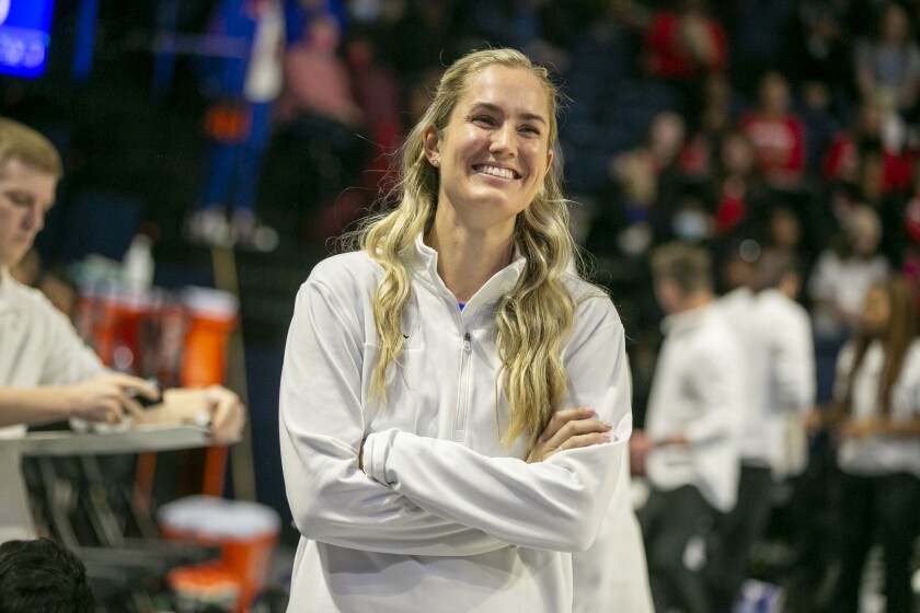 Florida head coach Kelly Rae Finley smiles before an NCAA college basketball game against South Carolina, Sunday, Jan. 30, 2022, in Gainesville, Fla. (AP Photo/Alan Youngblood)