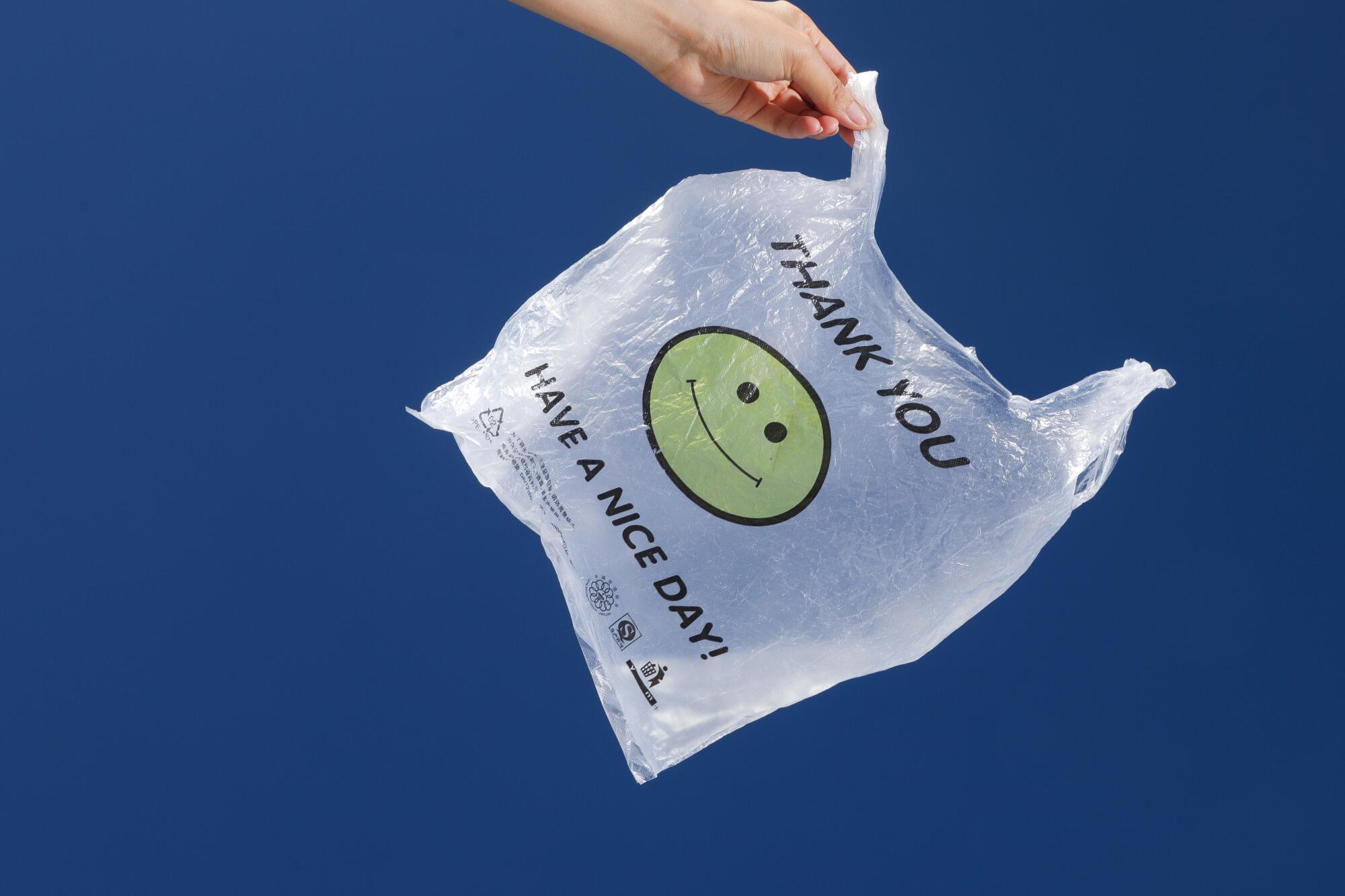 A plastic bag with a smiley face says "Have a nice day"