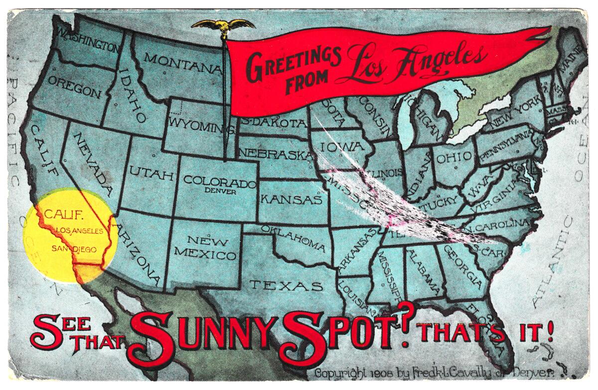 Vintage postcard shows a map of the U.S. with a sunny spot over Southern California. 