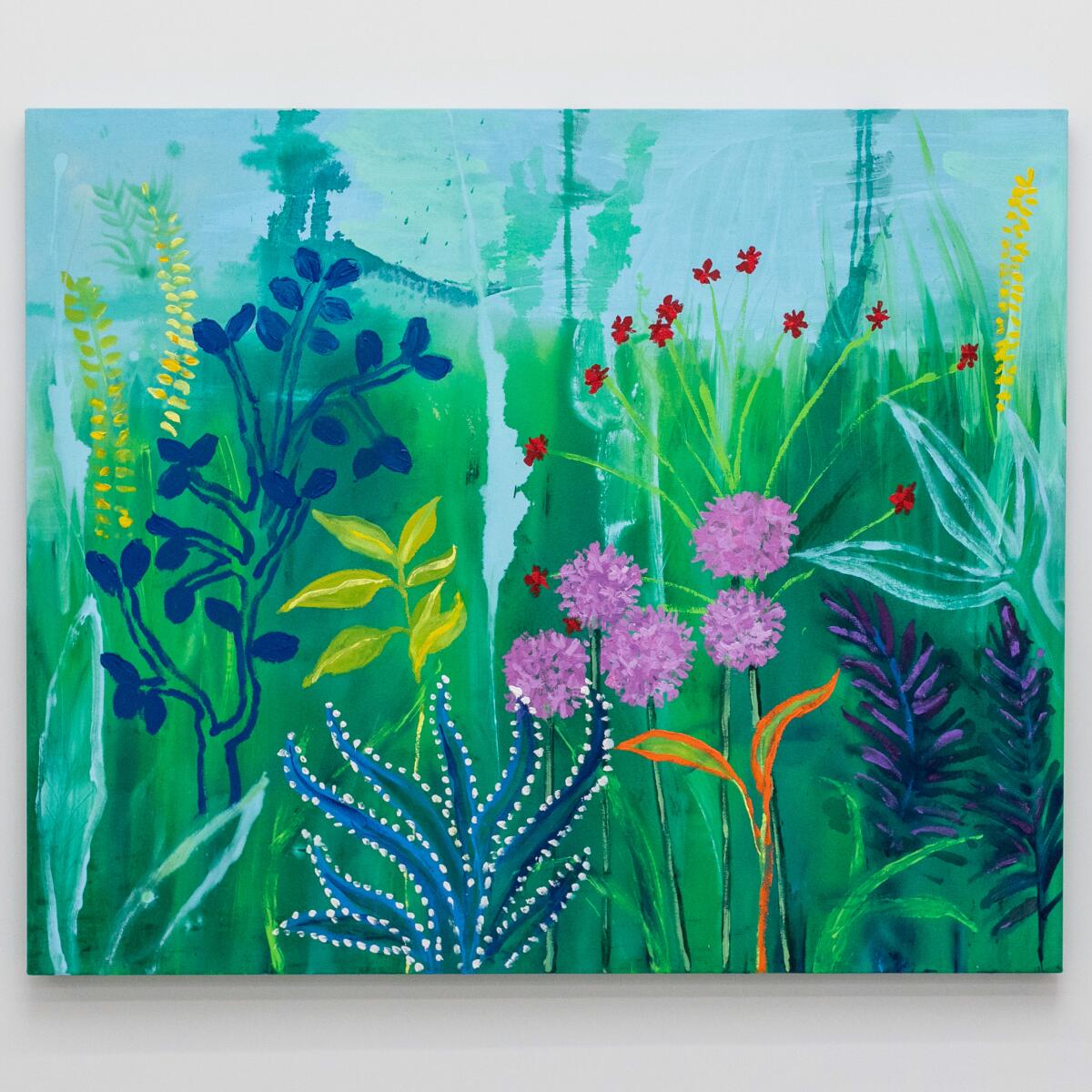 A painting featuring flowers growing out of a grassy field, with a blue sky in the background.